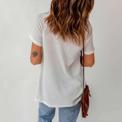 Women's Waffle Lace Stitching V-Neck Pullover Short Sleeve T-Shirt