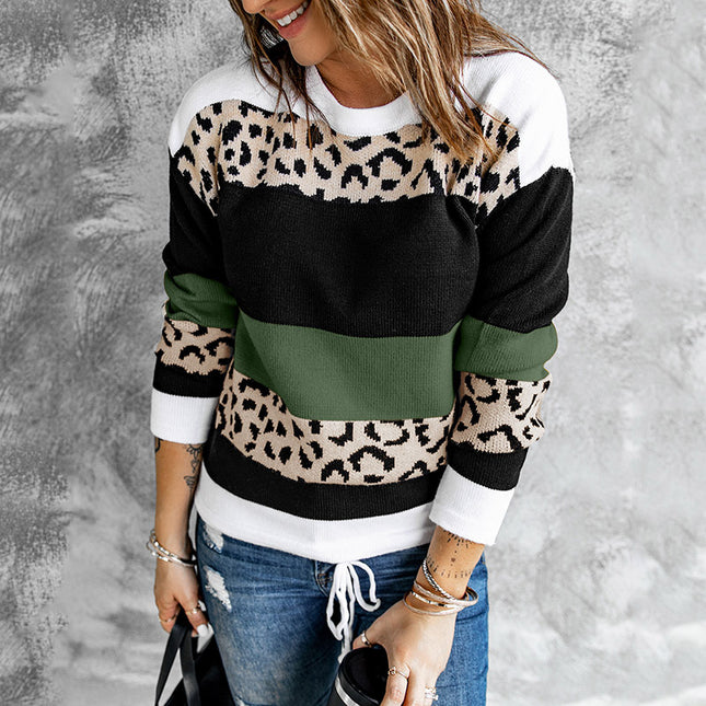 Wholesale Women's Leopard Stripe Contrast Color Crew Neck Sweater