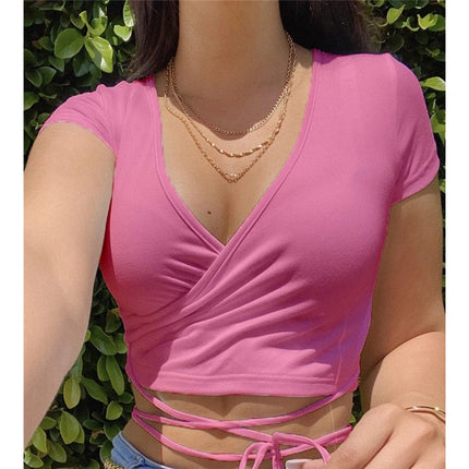 Einfarbiges Damen-T-Shirt mit V-Ausschnitt und kurzen Ärmeln