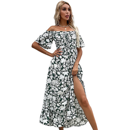 Wholesale Ladies Summer Slim Slit Neck Short Sleeve Printed Dress