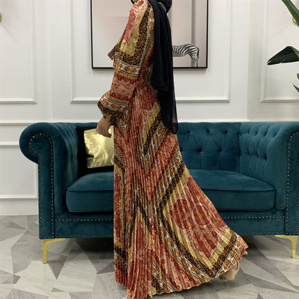 Muslim Ladies Fashion Printed Pleated Swing Long Dress
