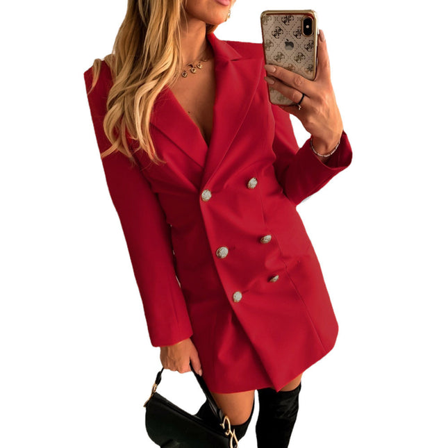 Ladies Autumn/Winter Long Sleeve Solid Color Double Breasted Thin Blazer Coat