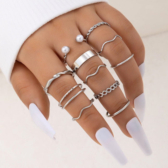 Wave Twist Ring Set Personality Pearl Inlaid Ten-Piece Knuckle Ring