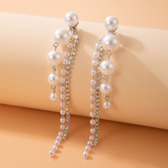 Pearl Chain Beaded Stud Earrings Geometric Rhinestone Light Luxury Earrings