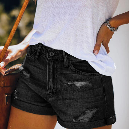 Wholesale Women's Stretch Mid Rise Denim Shorts With Holes