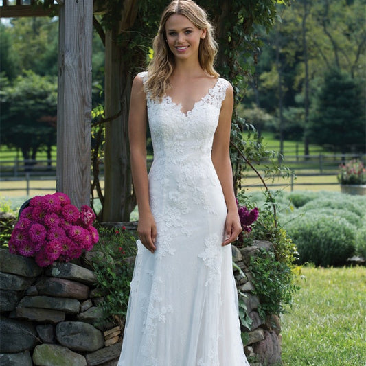 Wholesale Bride Simple Lace V Neck A Swing Wedding Dress