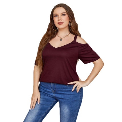 Wholesale Women's Plus Size Short Sleeve Shoulder Strap Backless T-Shirt