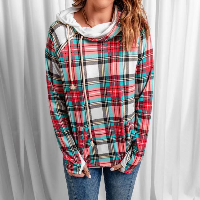 Double Layer Hooded Diagonal Zipper Pullover Colorful Plaid Top