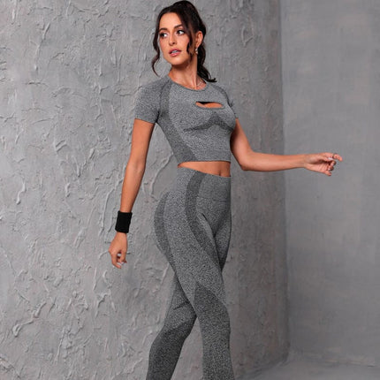 Wholesale Ladies Fitness Yoga Seamless Short Sleeve Top Leggings Two Piece Set