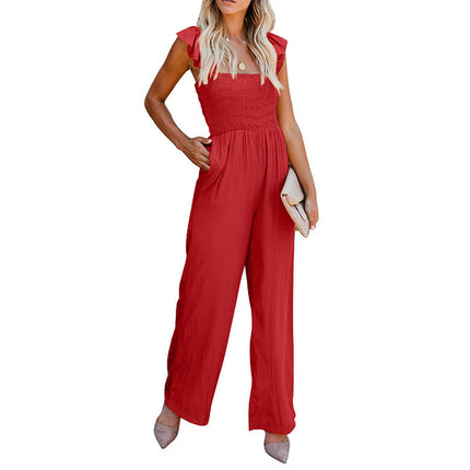Wholesale Women's Solid Color Loose Casual Ruffle Strap Jumpsuit