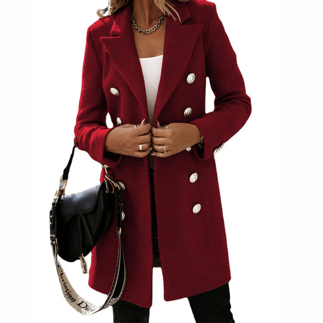 Wholesale Women's Autumn/Winter Long-sleeved Suit Collar Double-breasted Woolen Coat