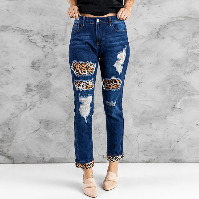 Wholesale Women's Leopard Print Cropped High Waist Ripped Jeans