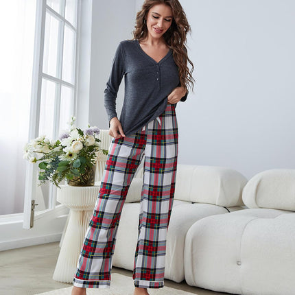 Damen-Pyjamas Langarm-Plaid-Homewear-Set