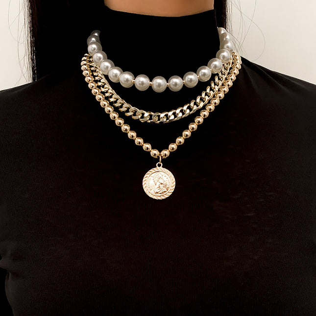 Simple Imitation Pearl Set Choker Ball Bead Chain Portrait Necklace