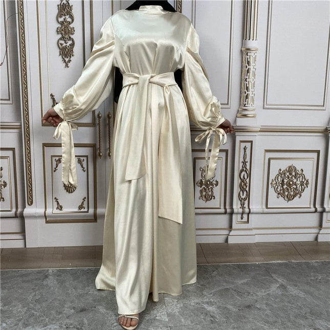 Vestido cárdigan musulmán de manga de satén grueso de color sólido para mujer