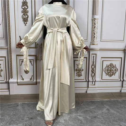 Women's Solid Color Thick Satin Sleeve Muslim Cardigan Dress