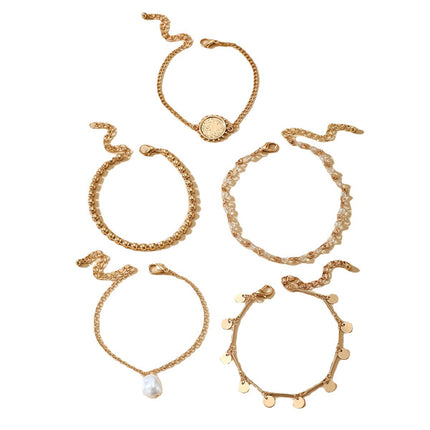 Five Geometric Beaded Pearl Disc Bracelets