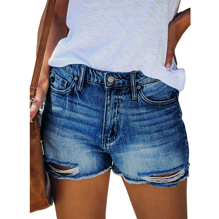 Wholesale Women's High Waist Straight Wash Frayed Denim Shorts
