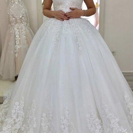 Wholesale Bride Off Shoulder Backless Waist Trailing Lace Wedding Dress