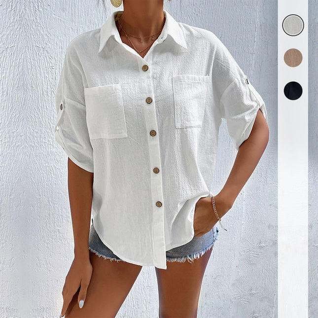 Camisa de solapa de bolsillo de manga corta con botones de verano para mujer