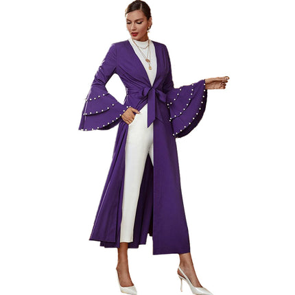 Wholesale Ladies High Waist V Neck Bell Sleeve Cardigan Dress
