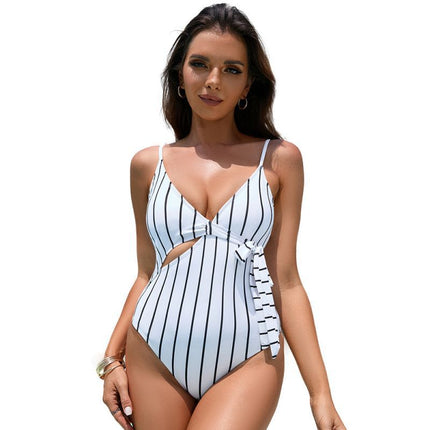 Wholesale Women's White Striped Sexy Hollow Lace One-Piece Swimsuit