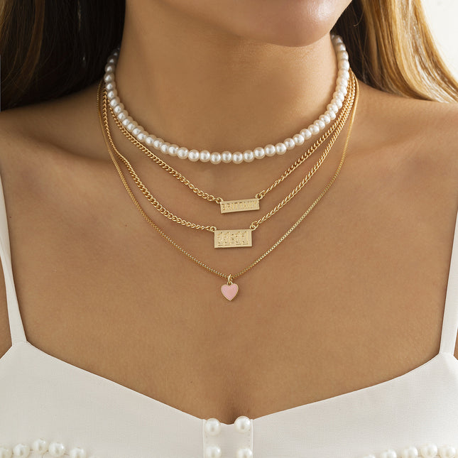 Pearl Stacked Chain Alphabet Tag Peach Heart Necklace
