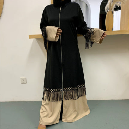 Túnica de cárdigan con cremallera para mujer con costuras de encaje y borlas musulmanas turcas