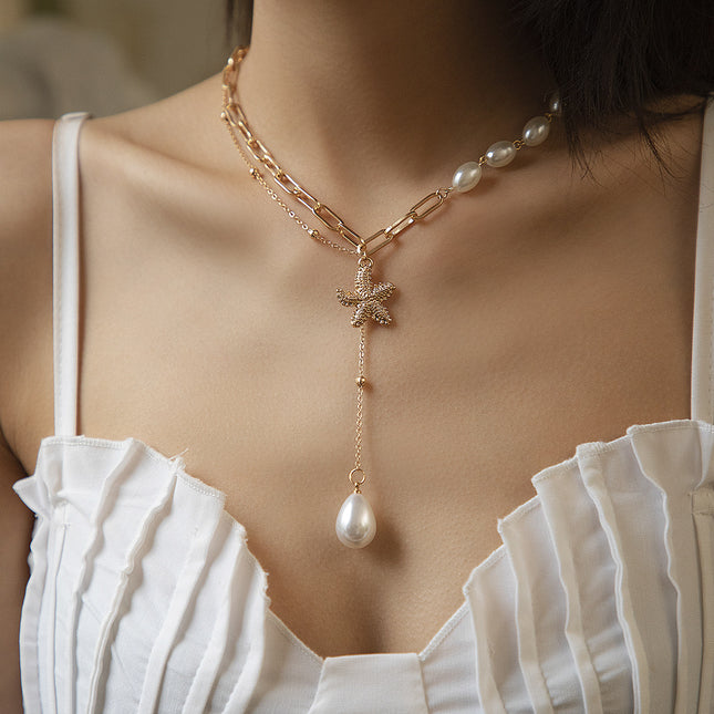 Cadena de metal Collar de perlas de imitación Gargantilla de clavícula de estrella de mar