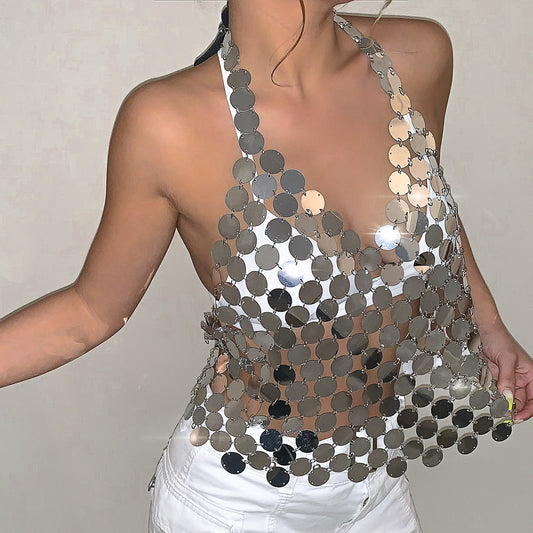 Sequined V-neck Vest Handmade Shiny Disc Body Chain