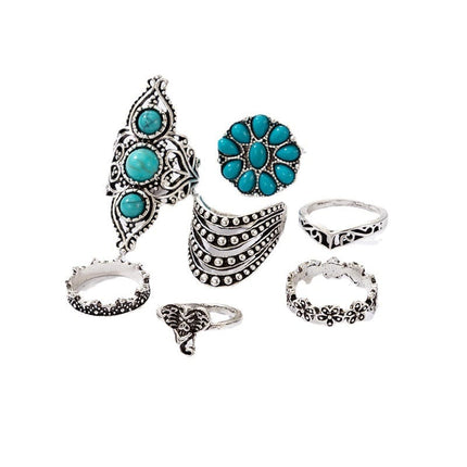 Turquoise Elephant Geometric Graphic 7-Piece Silver Ring Set