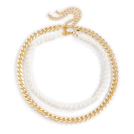 Imitation Women Vintage Metal Chain Pearl Necklace