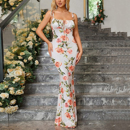 Summer Sexy Floral Pleated Backless Strappy Sling Long Dress