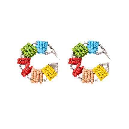 Rice Bead Beaded Colorful Candy Color Rice Bead Round Earrings