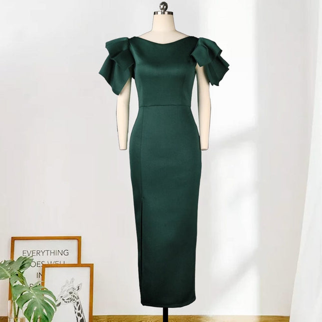 Damen-Rüschen mit hoher Taille, groß, schmal, geschlitzt, grünes Abendkleid