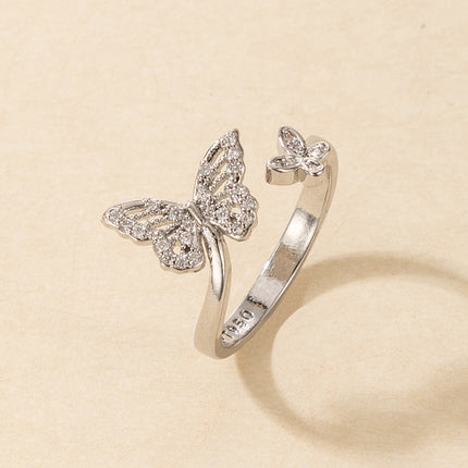Anillo de corazón de estrella de mariposa de diamantes de imitación ajustable abierto