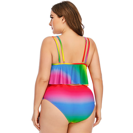 Damen Bikini Print Split Gradient übergroßer Rüschen Badeanzug