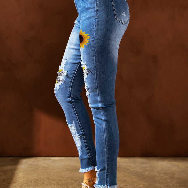 Bedruckte Damen-Jeanshose mit hoher Taille in Distressed-Optik