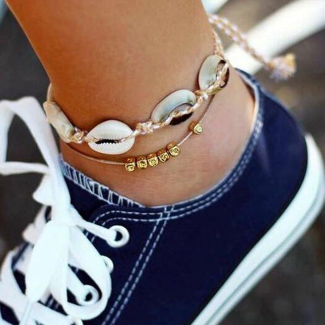Shell Braided Double Layer Anklet Geometric Beaded Cord Layered Anklet