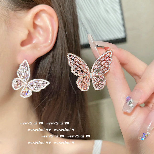 Pink Butterfly Earrings 18K Gold Plated Zircon Ring Set