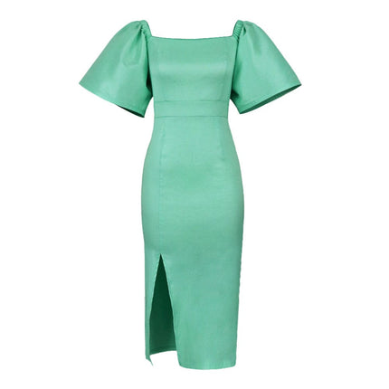 Summer Women's Solid Color Puff Sleeve Slit Dress Party Dress
