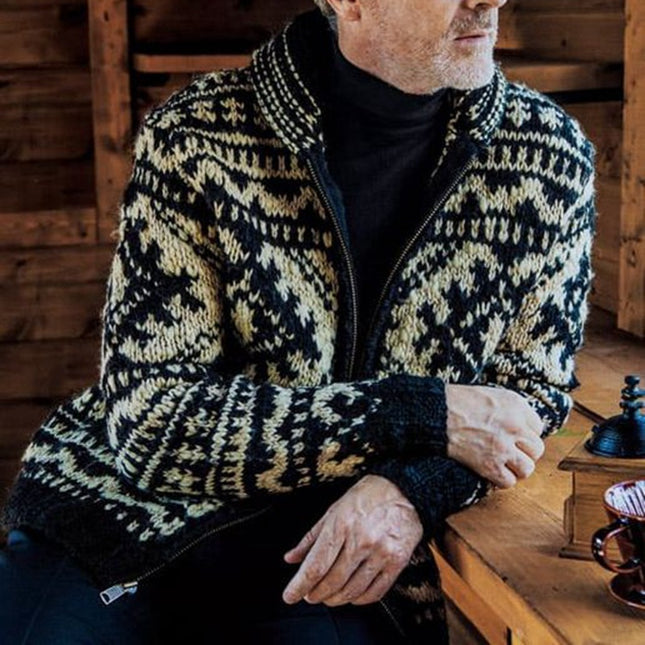 Suéter de chaqueta de manga larga con solapa jacquard para hombre de otoño invierno