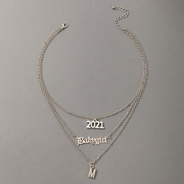 Wholesale Fashion Silver 2021 Number Alloy Triple Layer Necklace