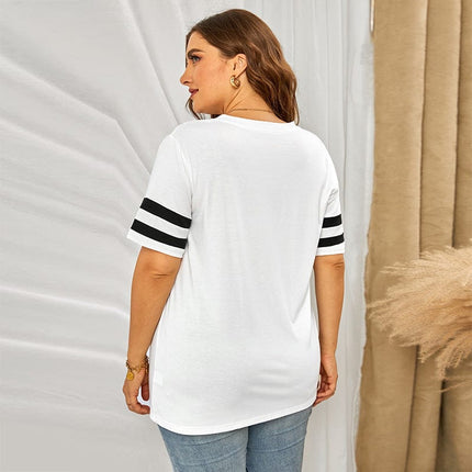 Women's V Neck Short Sleeve Loose Top Striped Plus Size T-Shirt