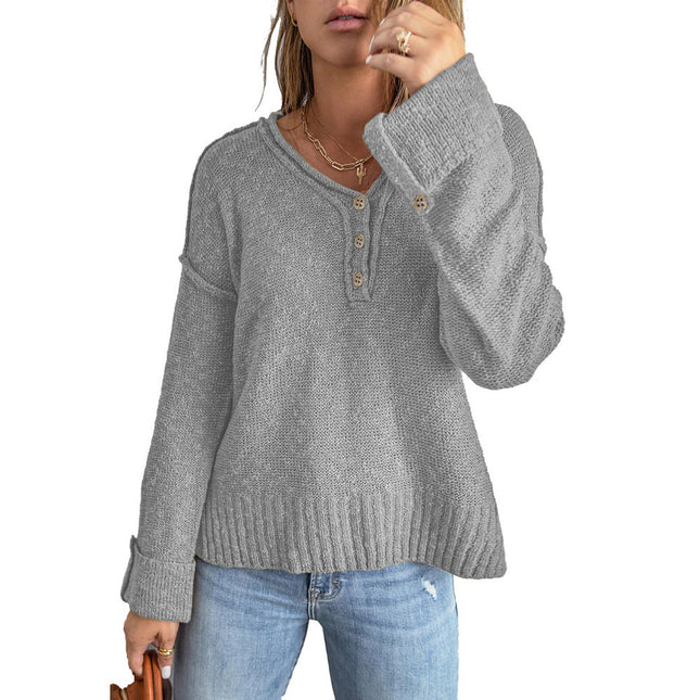 Ladies Autumn Casual Button Knitted Shoulder V-neck Sweater