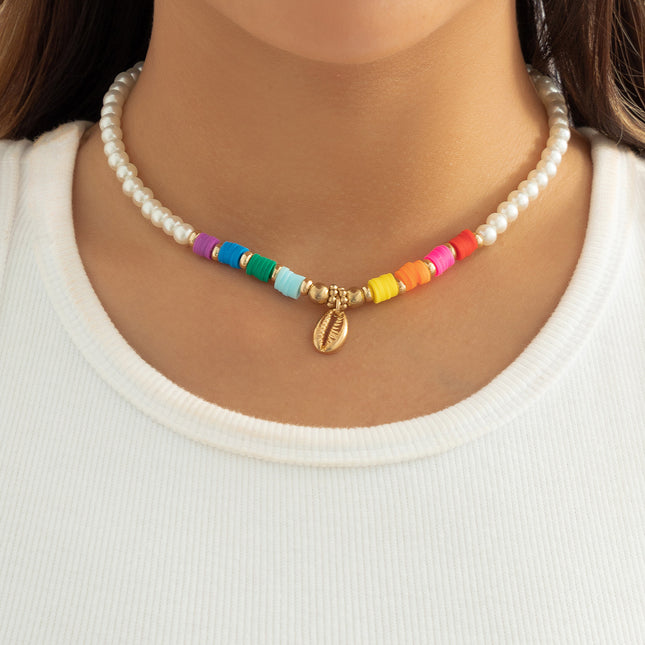 Bunte Perlenkette Shell Anhänger Clavicle Halskette
