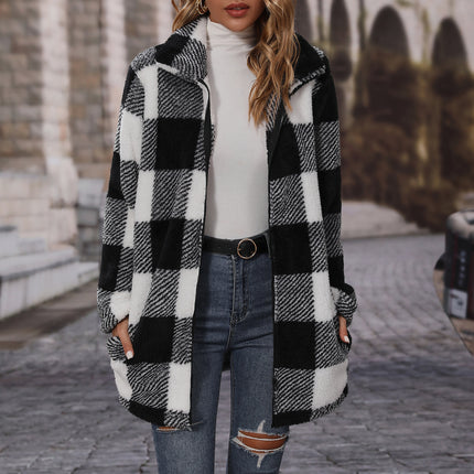 Abrigo casual de lana doble con cremallera y manga larga con solapa para mujer