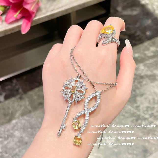Flower Key Necklace 18K Gold Plated Zircon Ring