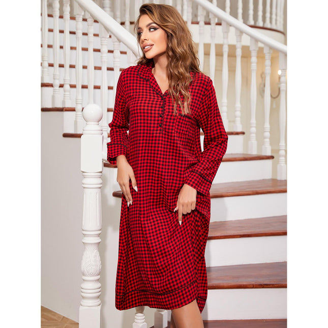 Wholesale Autumn Winter Ladies Nightdress Red Grid Loose Mid-length Pajamas