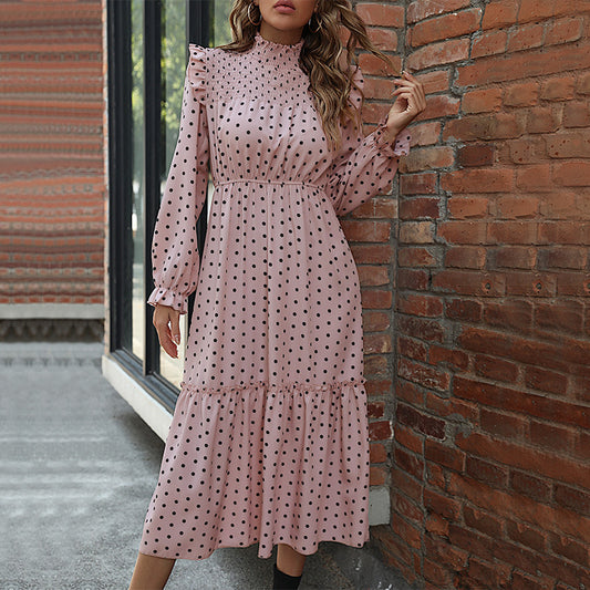 Wholesale Women's Autumn Sleeves Polka Dot Stitching Cake Dress